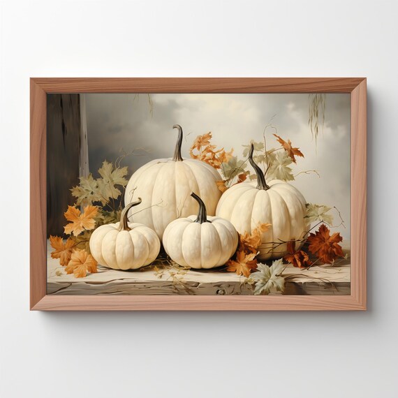 White Pumpkins Autumn Leaves Rustic Farmhouse Fall Still Life Poster