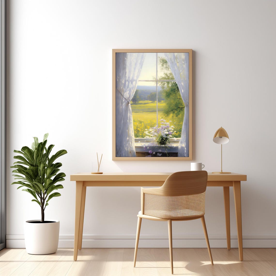Sunlit Open Window Sheer Curtains Green Meadow View Vintage Art Print - Image 2