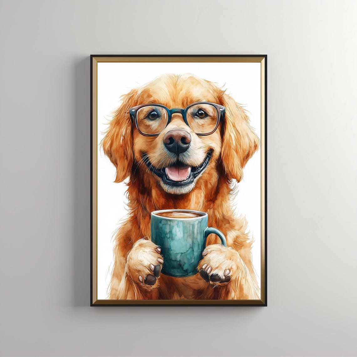 Golden Retriever Dog With Glasses Drinking Coffee Whimsical Wall Art - Image 2