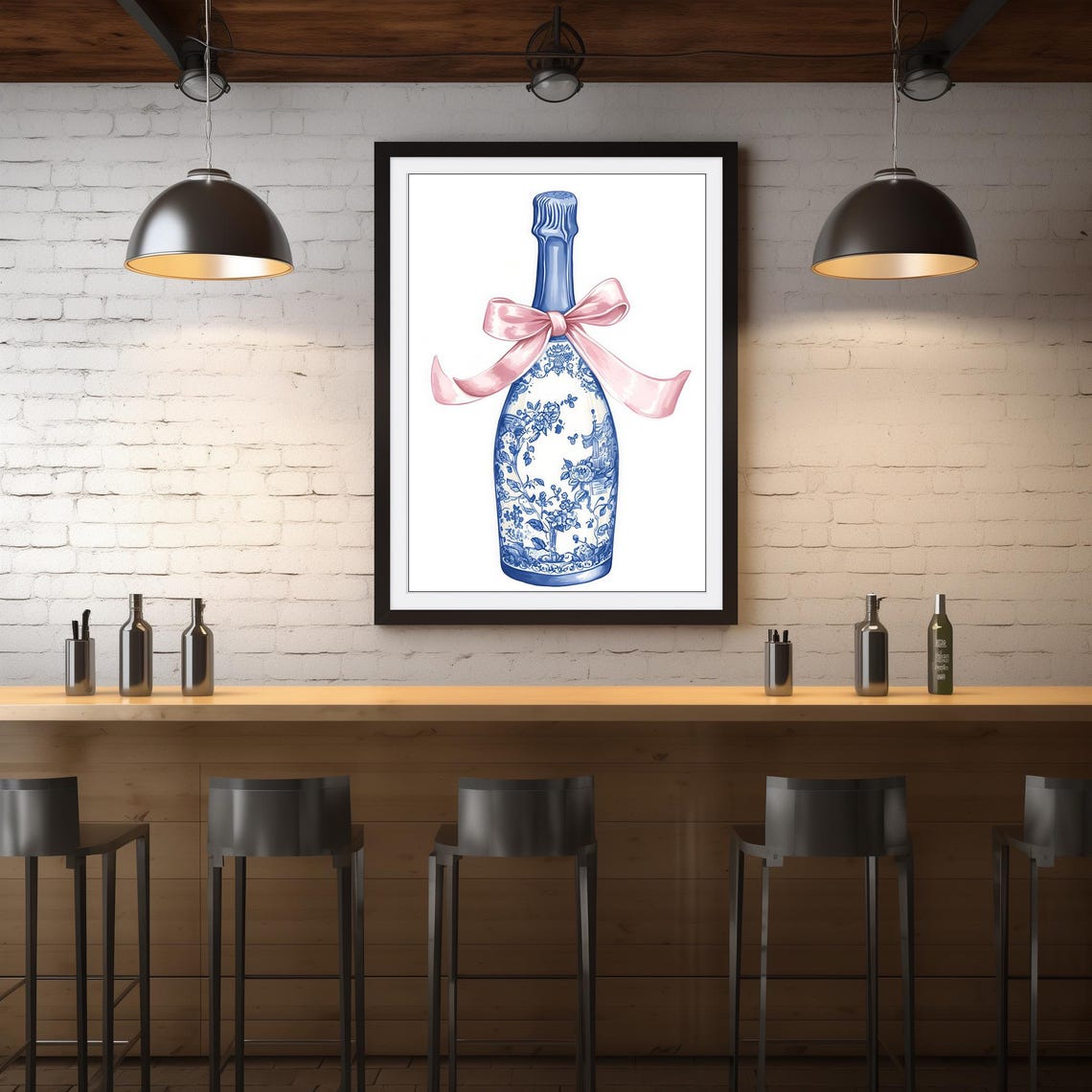 Chinoiserie Champagne Bottle With Pink Bow Blue White Art Poster - Image 4
