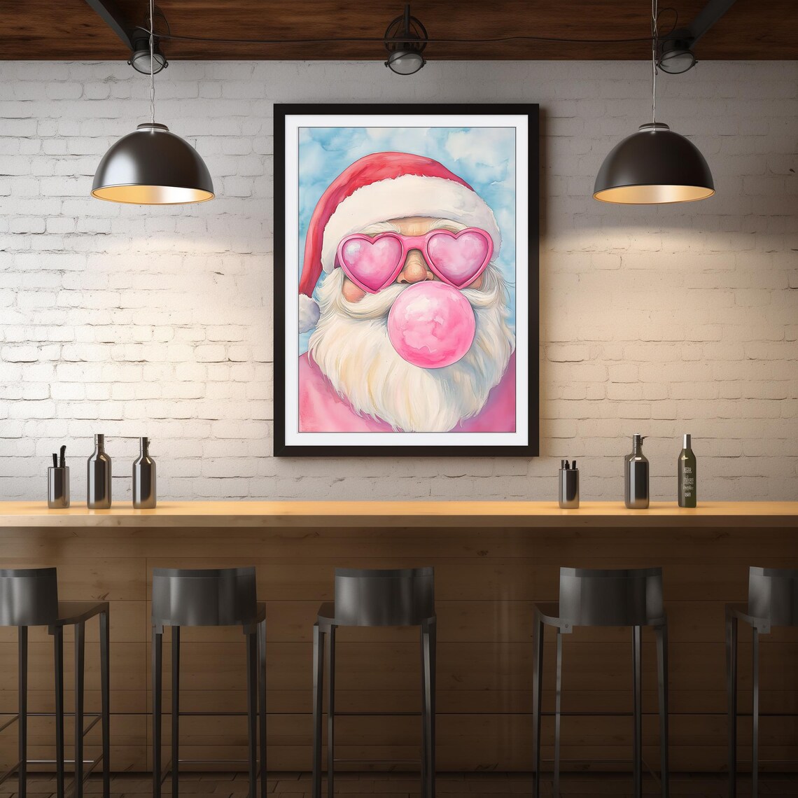 Pink Santa With Heart Sunglasses Blowing Bubblegum Christmas Poster - Image 4