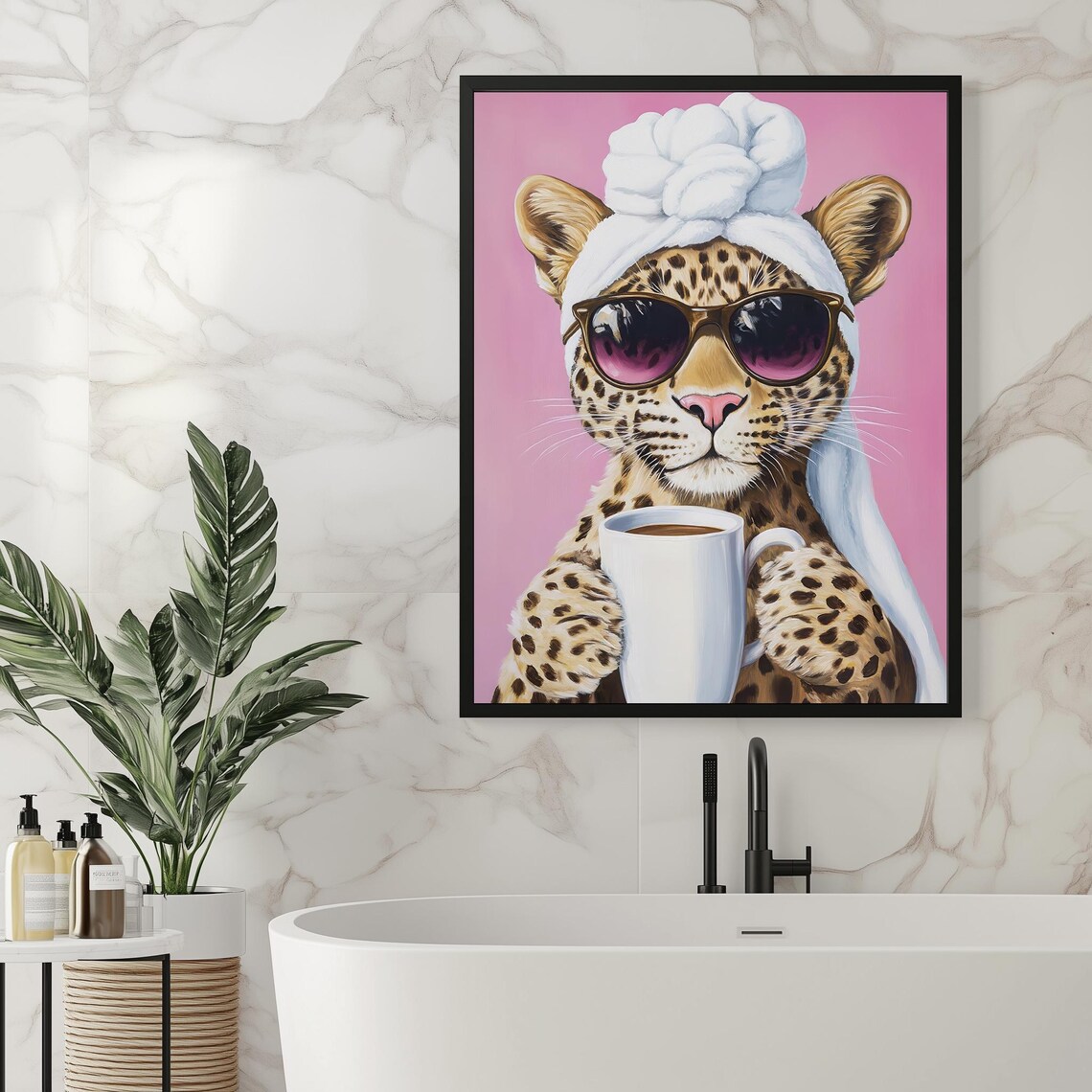 Leopard In Sunglasses Holding Coffee Maximalist Pink Wall Art Poster - Image 4
