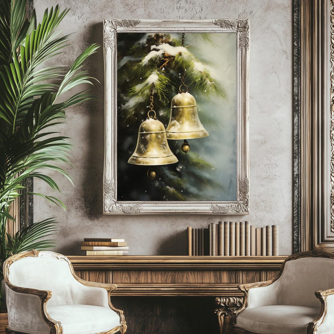 Brass Christmas Bells Snowy Pine Branch Vintage Winter Holiday Poster - Image 3