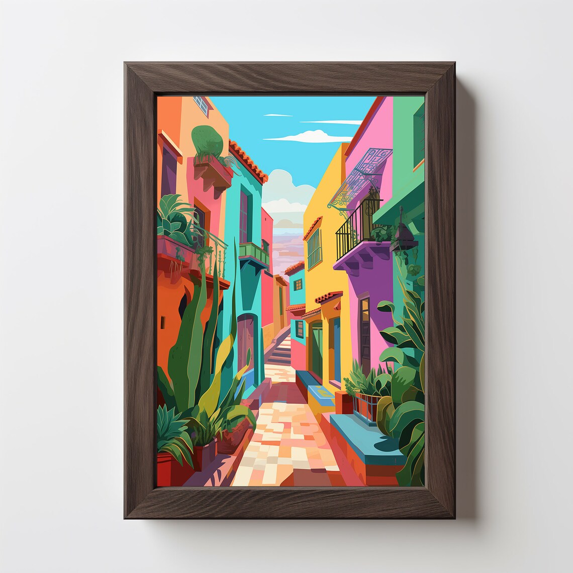 Colorful Mexican Houses Street Illustration Art Print - Image 3