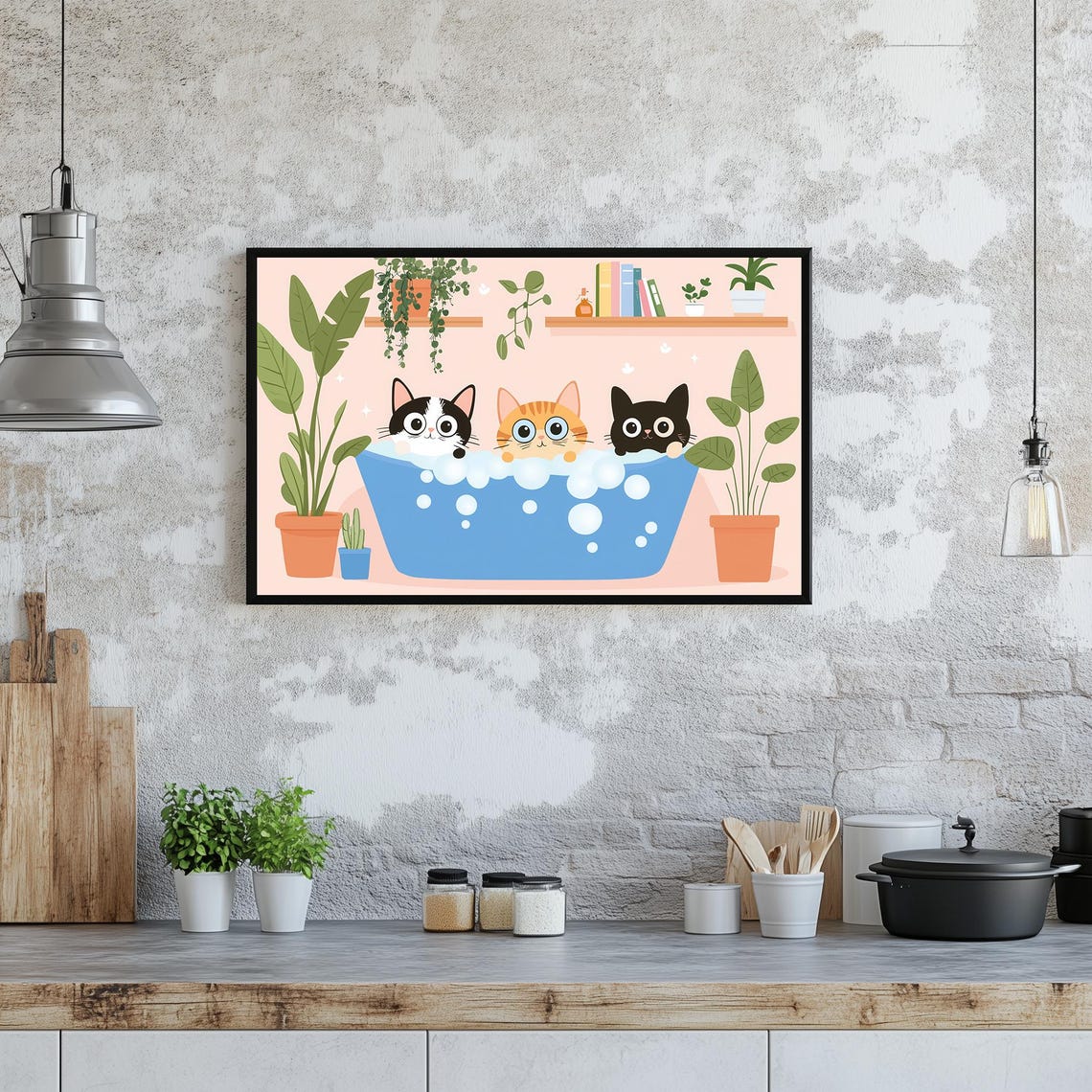 Three Cats In Bubble Bath Cute Bathroom Kitty Animal Cartoon Poster - Image 3