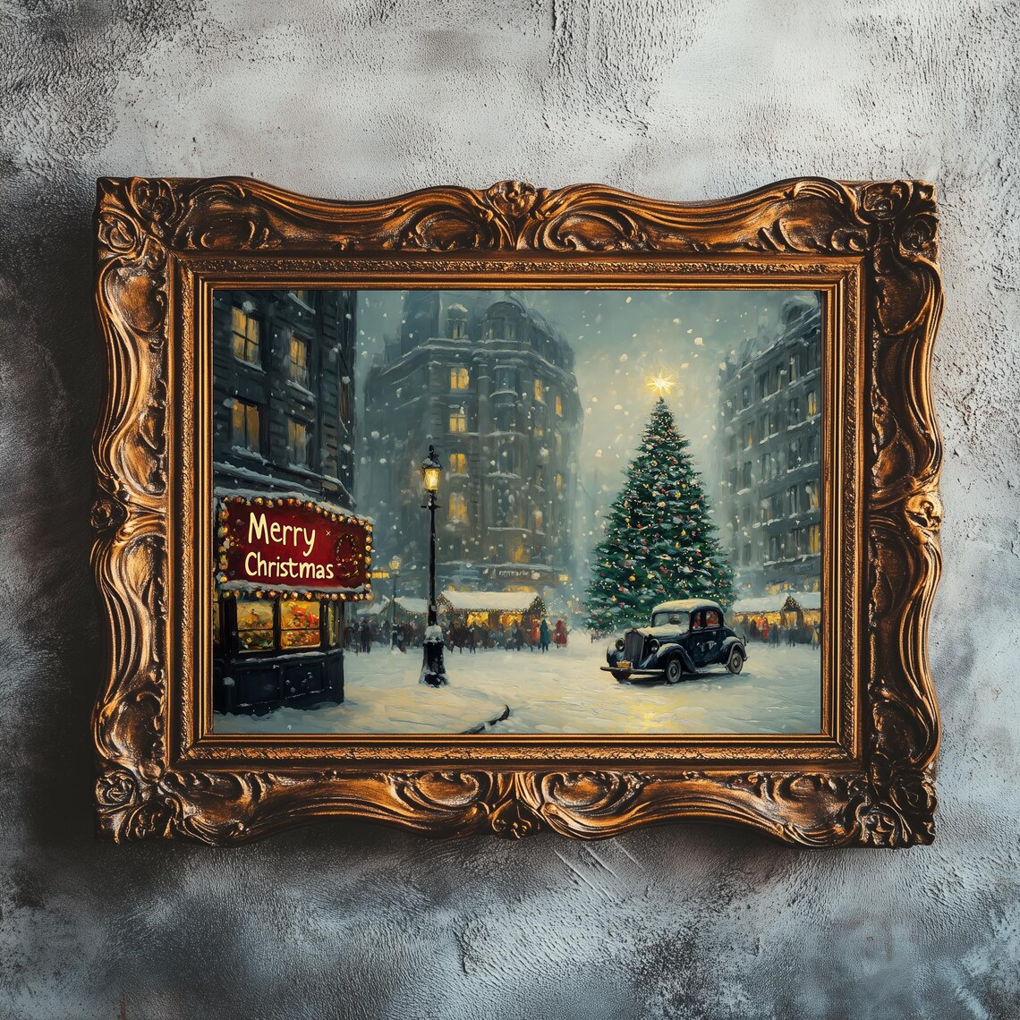 Vintage Christmas Town Art Print, Farmhouse Decor
