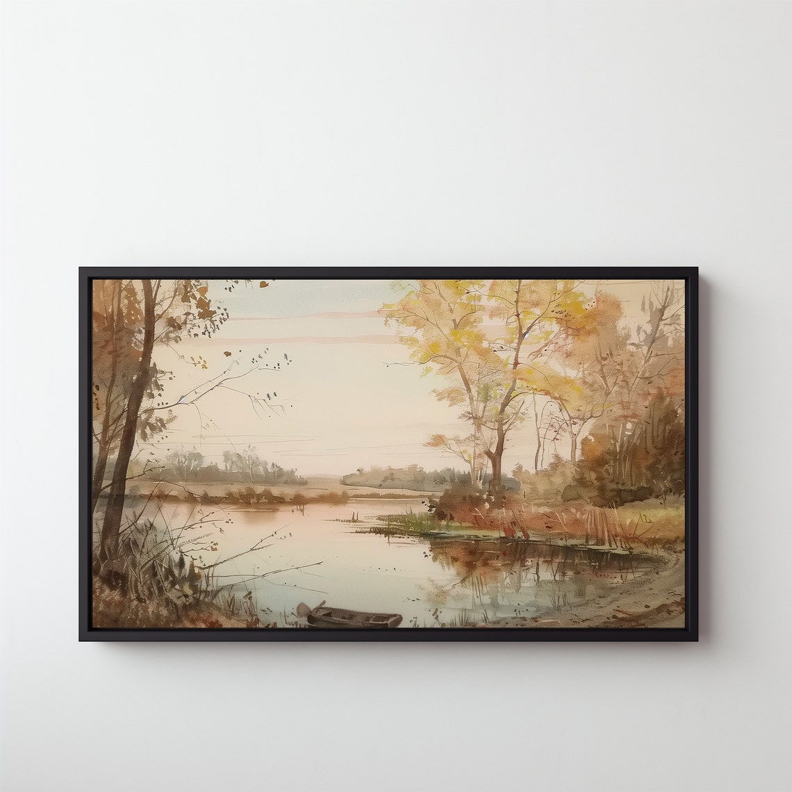 Muted Autumn Pond Watercolor Rowboat Birch Trees Serene Fall Poster - Image 5