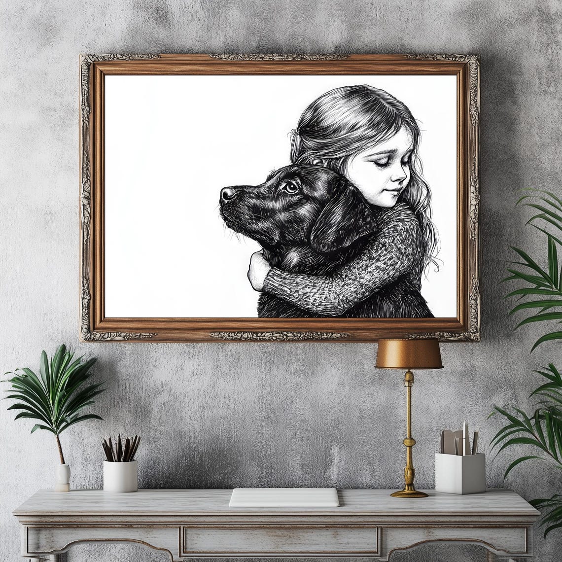 Girl And A Dog Vintage Print Dog Wall Art Dog Drawing Farmhouse Wall Decor Countryside Wall Art Dog Love Gift 436 - Image 4