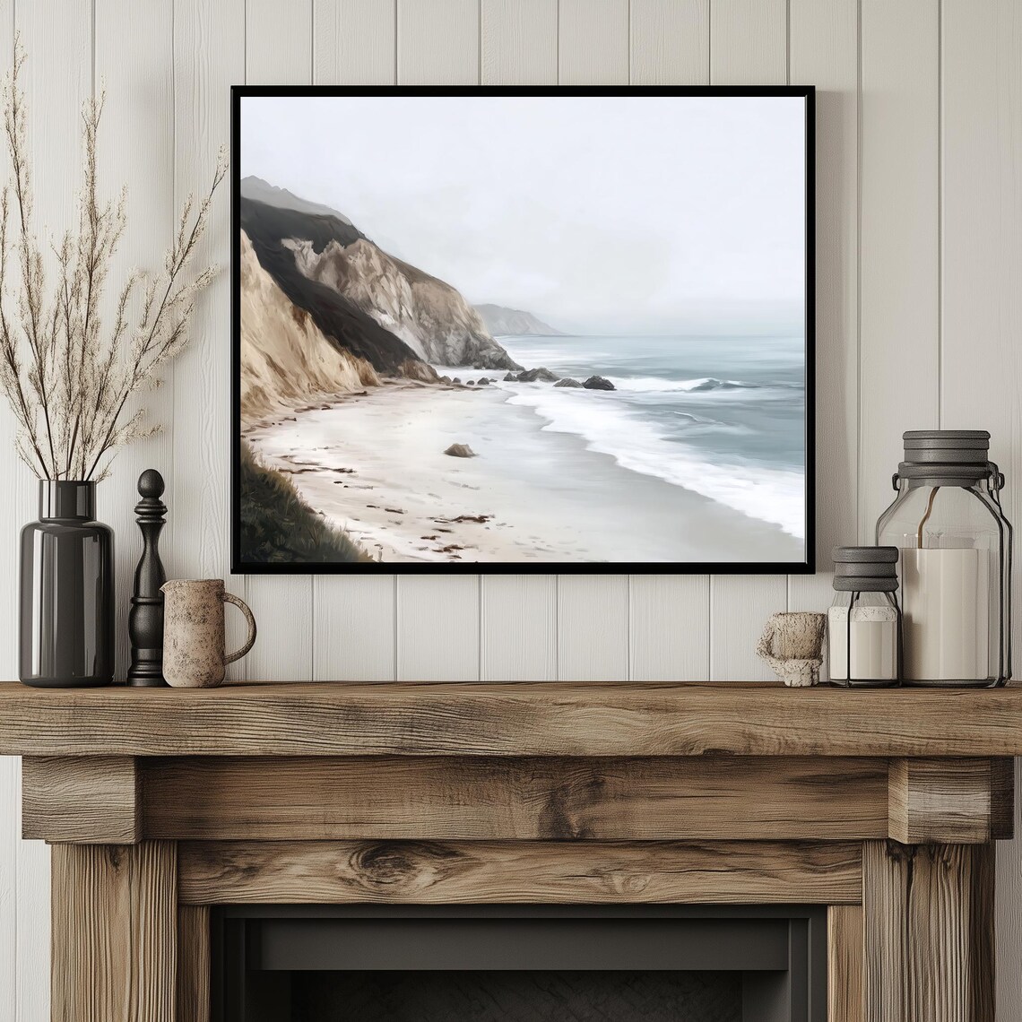Misty Coastal Beach Cliffs Painting Foggy Ocean Waves Serene Wall Art - Image 4