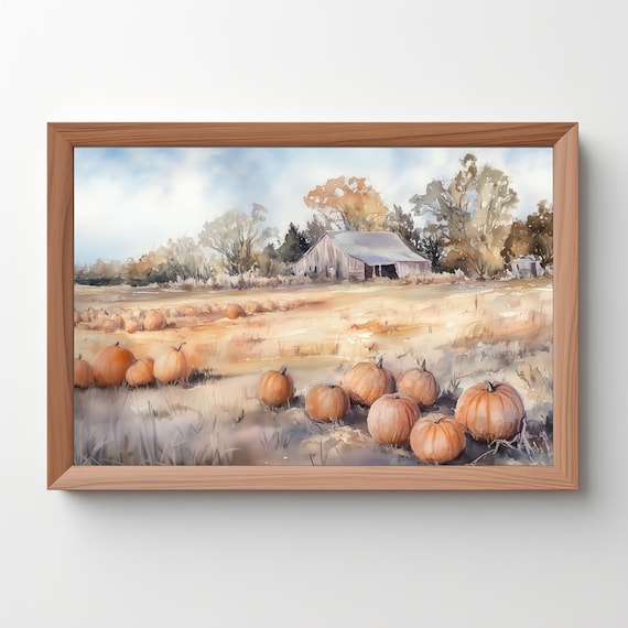 Pumpkin Patch Fall Farm Painting Watercolor Barn Autumn Harvest Wall Art