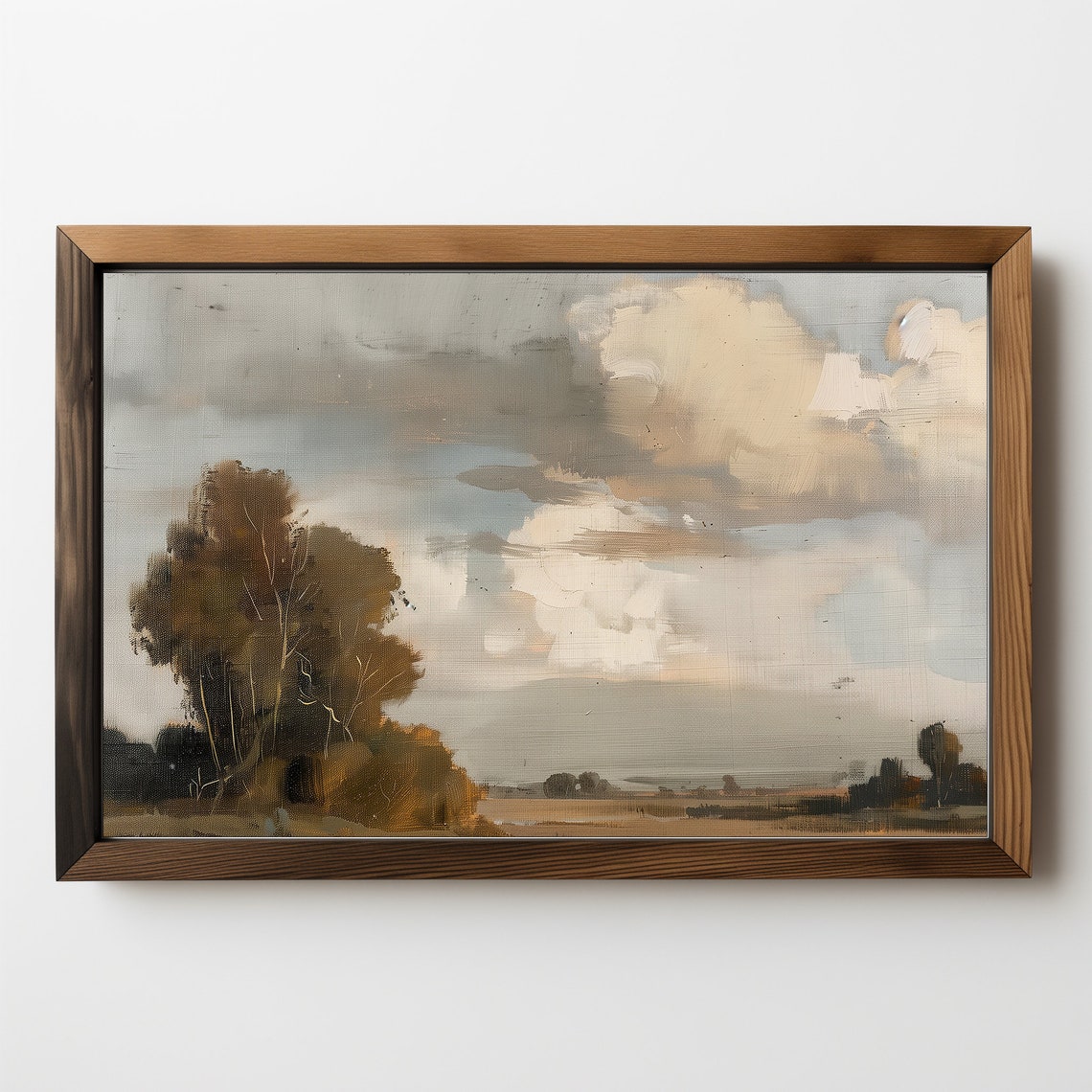 Rustic Autumn Field Landscape Painting Warm Tones Big Clouds Wall Art
