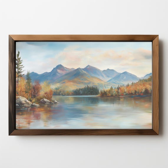 Antique Rustic Fall Lake Landscape Vintage Autumn Painting Moody Autumn Art Farmhouse Wall Decor 395