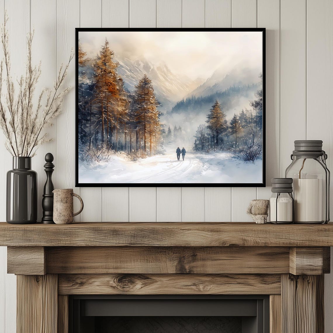 Snowy Winter Forest Path Misty Mountain Watercolor Travel Poster - Image 2