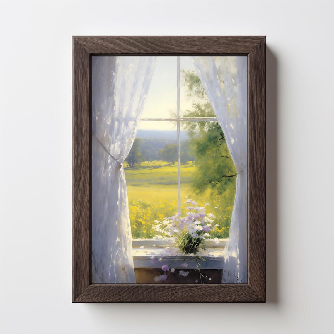 Sunlit Open Window Sheer Curtains Green Meadow View Vintage Art Print
