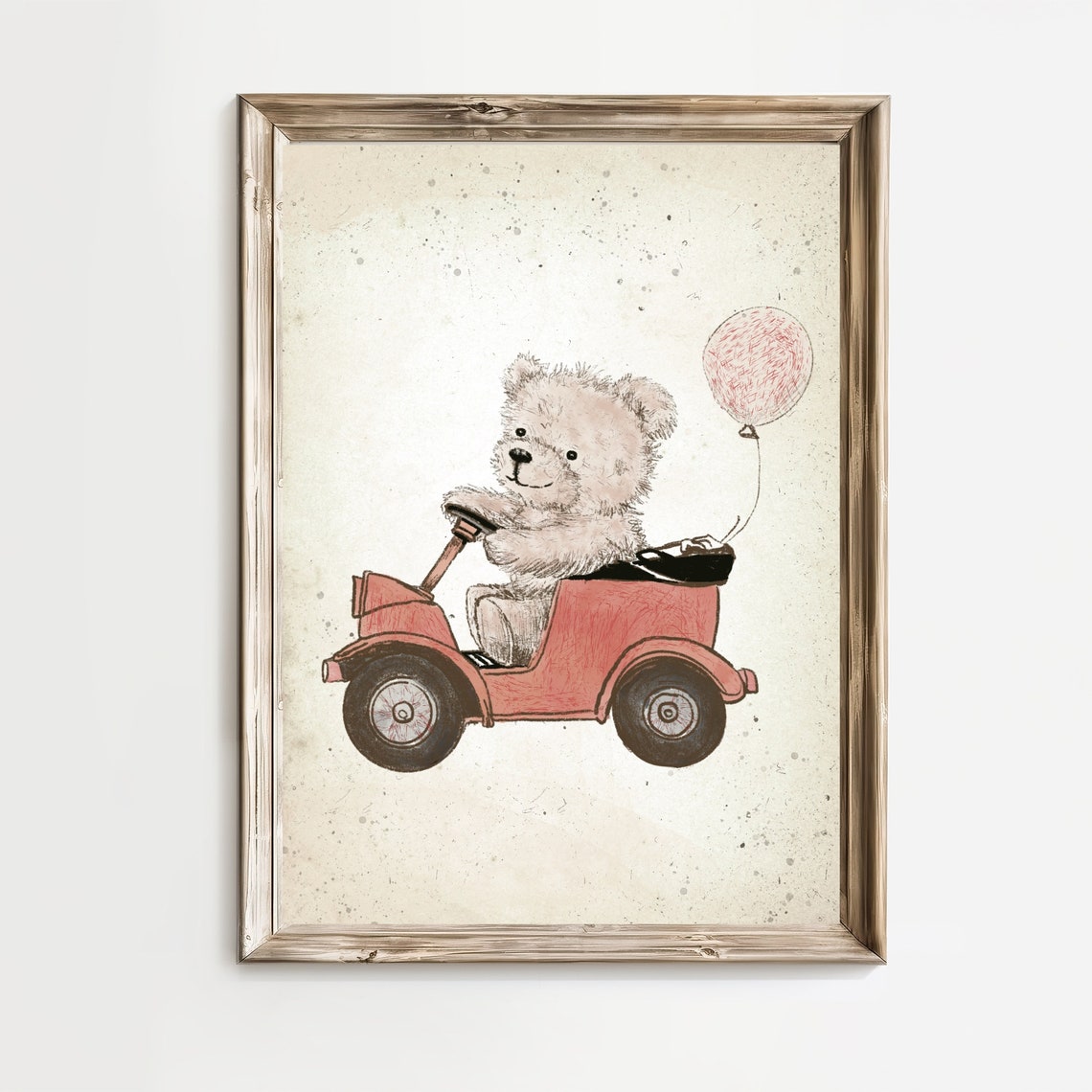 Teddy Bear Driving Red Car With Balloon Sketch Nursery Poster