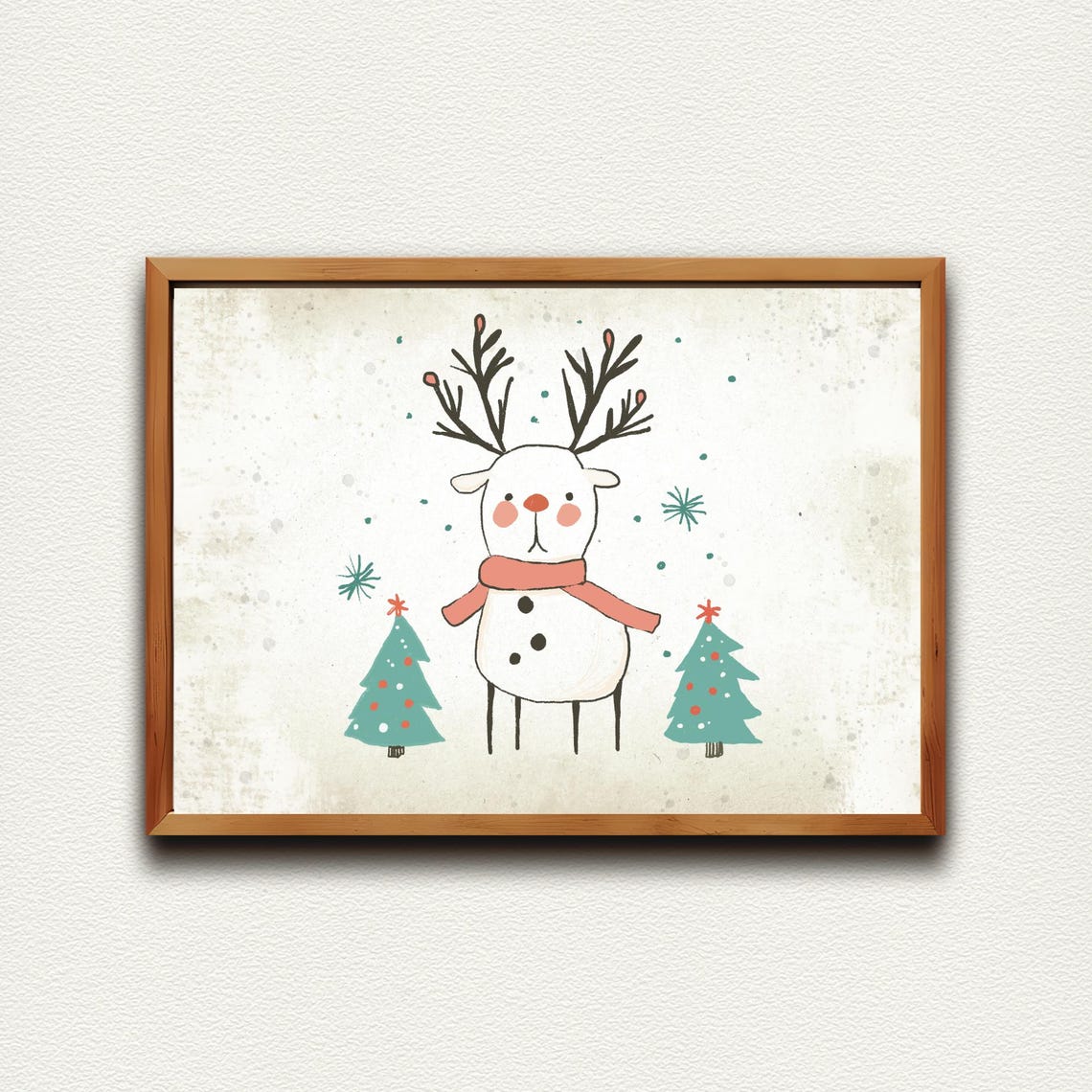 Cheerful Reindeer with Red Scarf and Twin Christmas Trees Poster - Image 4