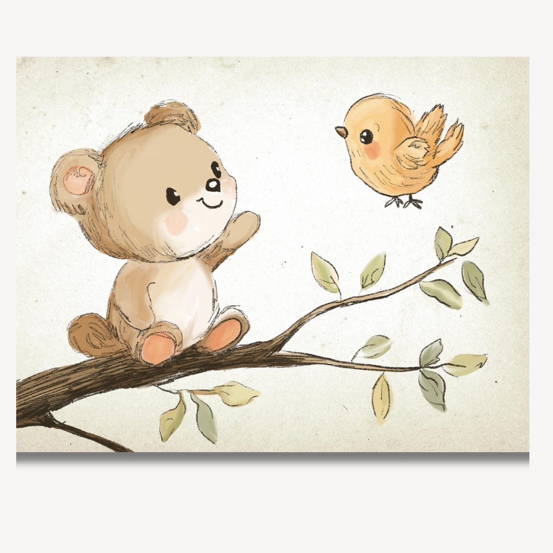 Sweet Bear Cub Waving to Yellow Bird Branch Nursery Wall Art - Image 2