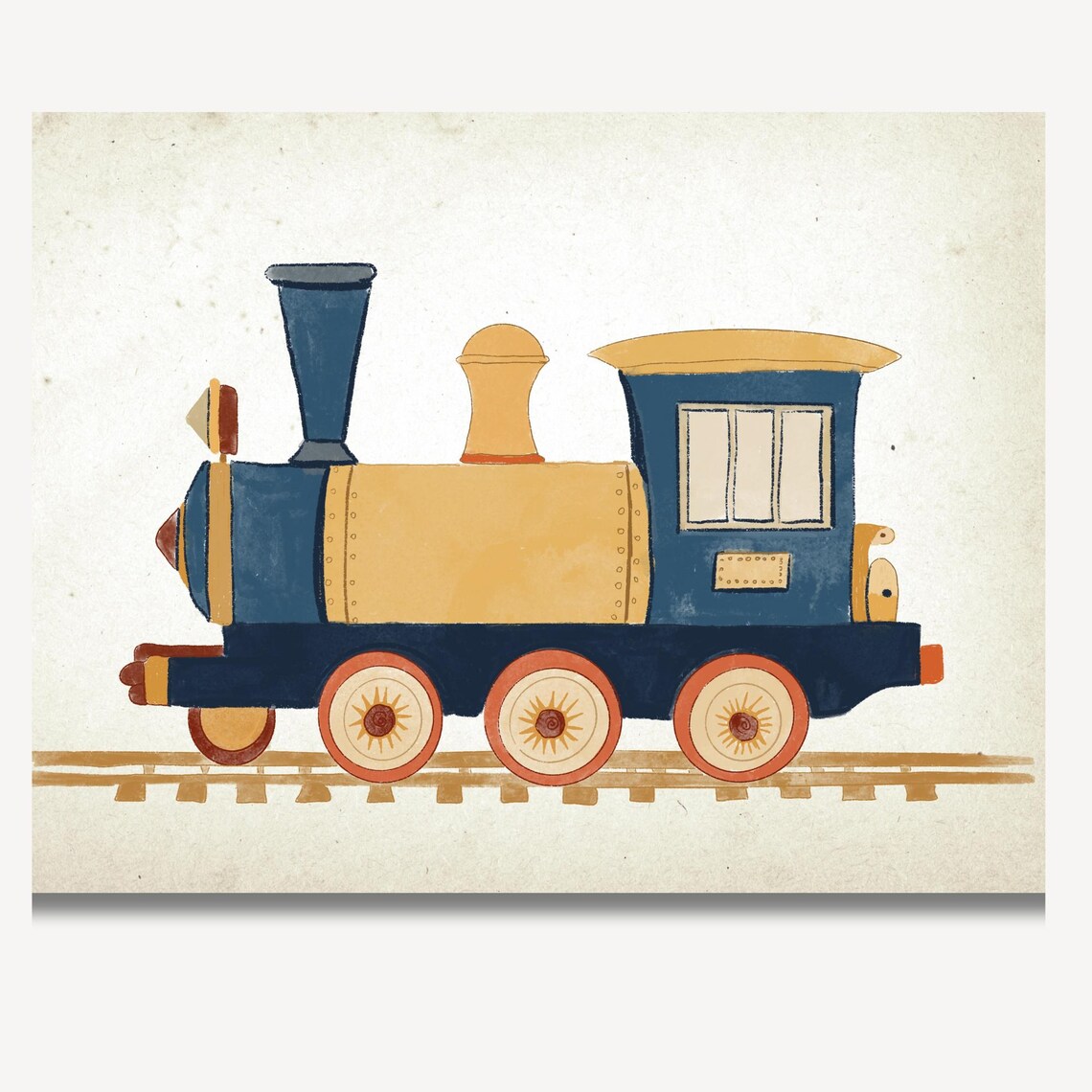 Cute Navy Blue and Mustard Toy Train Watercolor Nursery Wall Art - Image 2