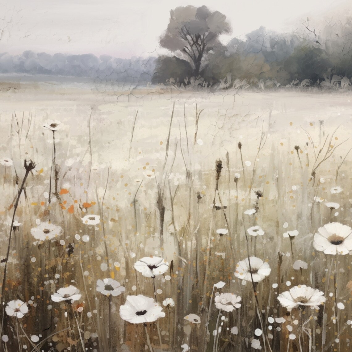 White Wildflowers Misty Meadow Vintage Landscape Oil Painting Poster - Image 3