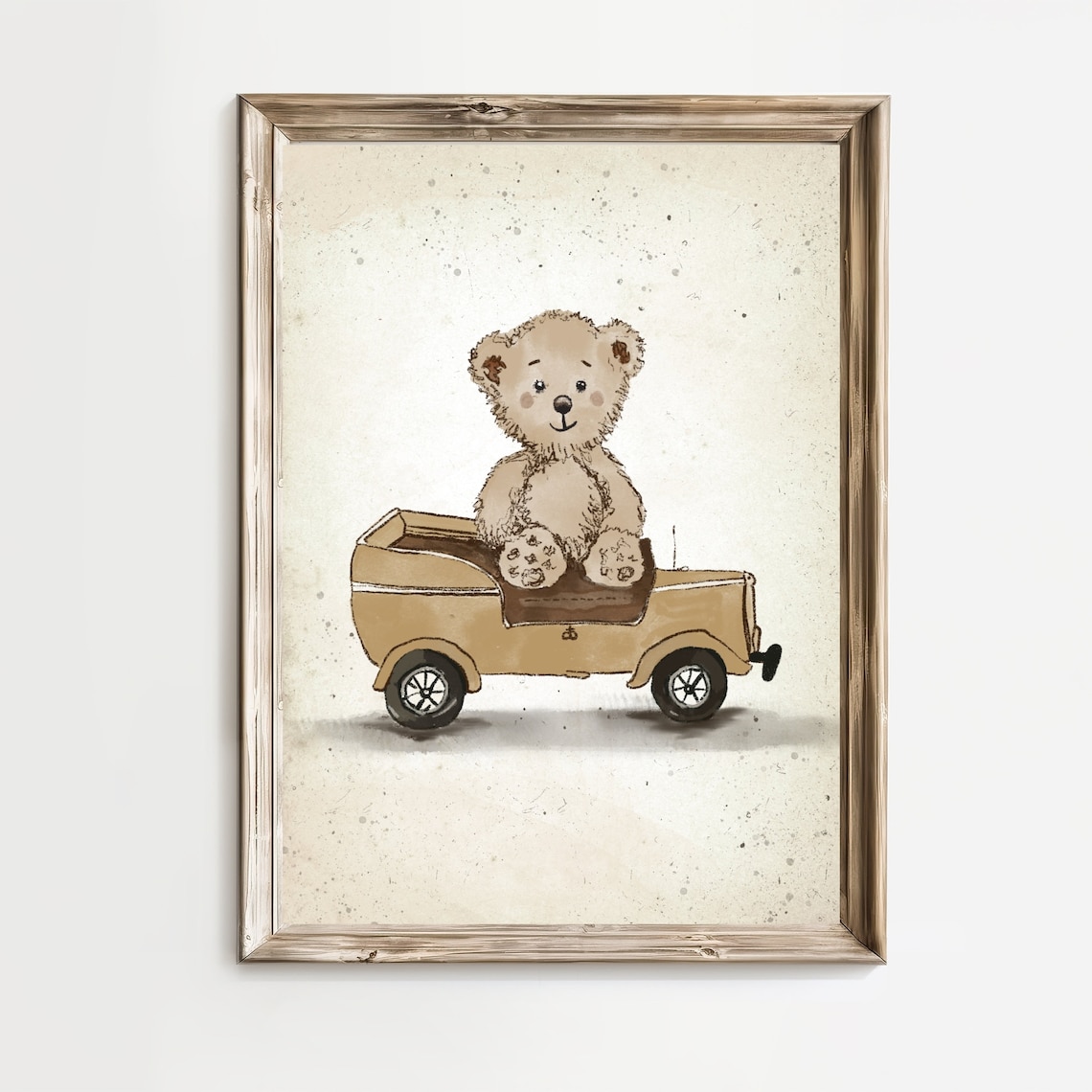 Teddy Bear Sitting In Vintage Toy Car Sketch Nursery Room Poster