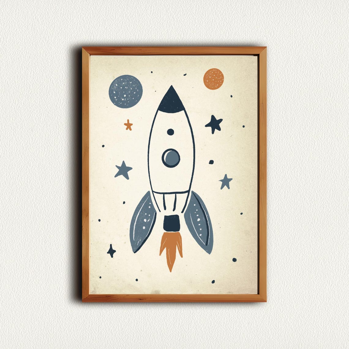 Cream Rocket Ship With Moon And Stars Nursery Space Room Poster - Image 3