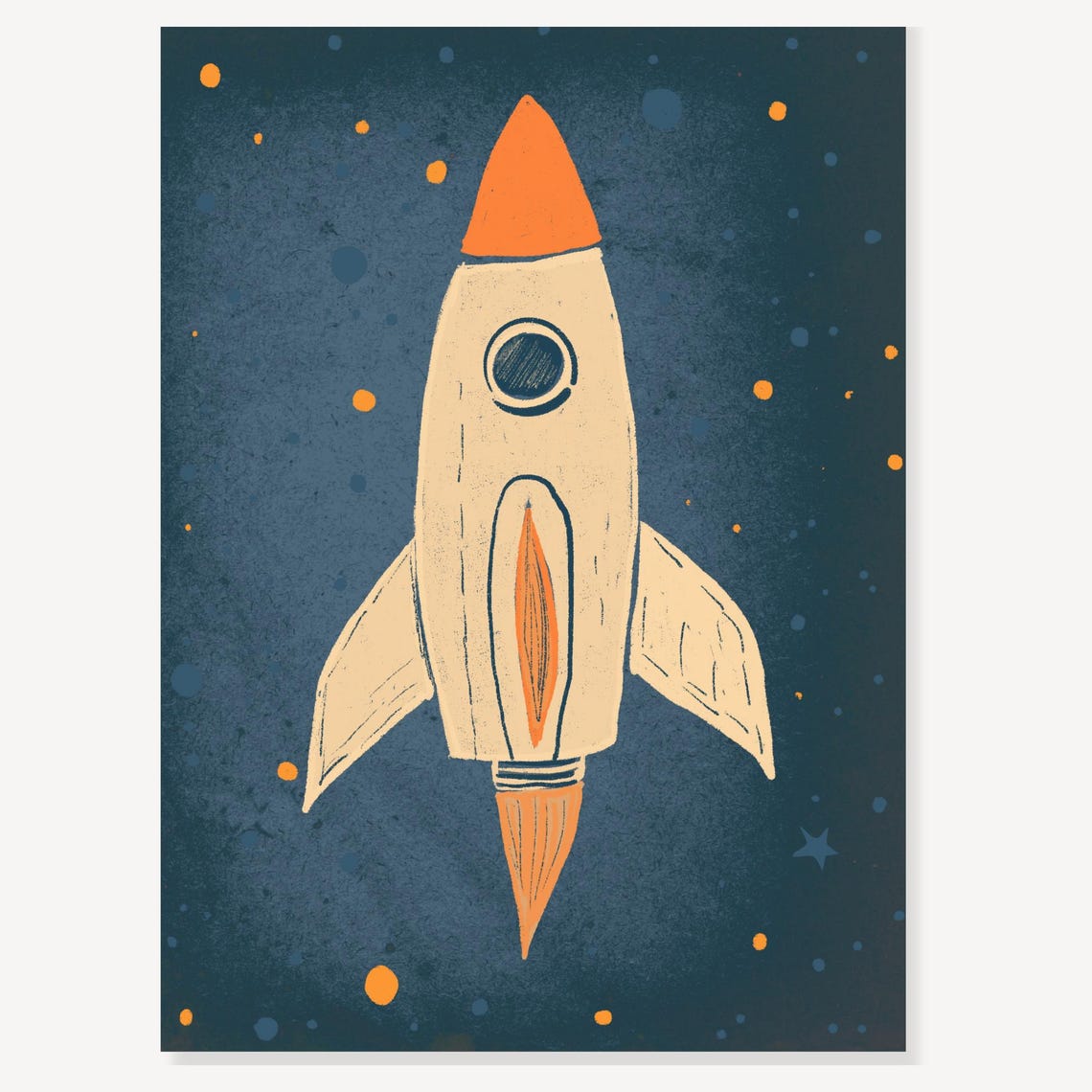 Vintage Cream Rocket Ship Nursery Outer Space Cartoon Art Poster - Image 2