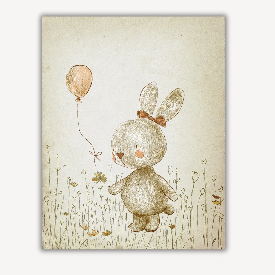 Cute Bunny with Balloon in Meadow Nursery Illustration Print - Image 2