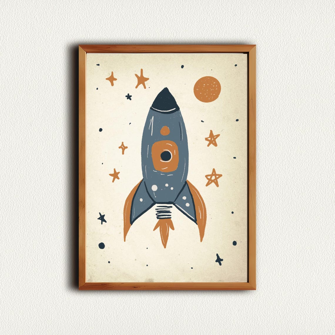 Vintage Blue Rocket Ship With Orange Sun Nursery Space Room Poster - Image 3