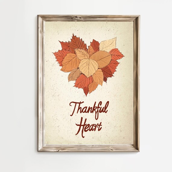 Thankful Heart Autumn Leaf Heart Fall Thanksgiving Quote Poster
