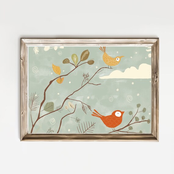 Two Cute Birds on Branches Teal Nursery Illustration Art Print