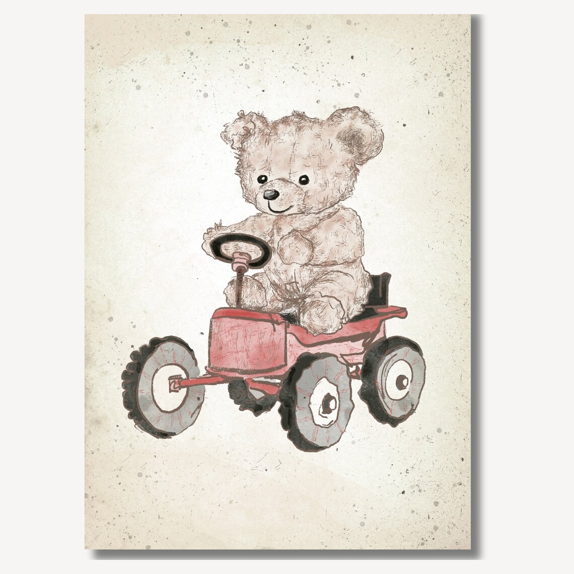 Teddy Bear Driving Red Tractor Sketch Farm Nursery Toy Poster - Image 2