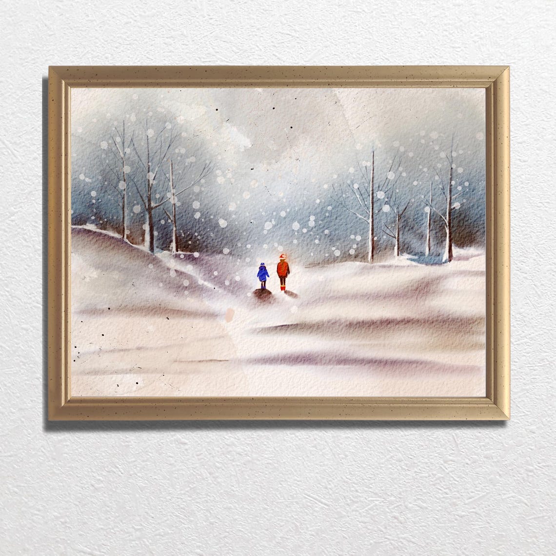 Winter Snow Walk Two Figures Falling Snow Watercolor Wall Art - Image 3
