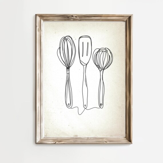 Kitchen Utensils Line Drawing, Kitchen Art Print