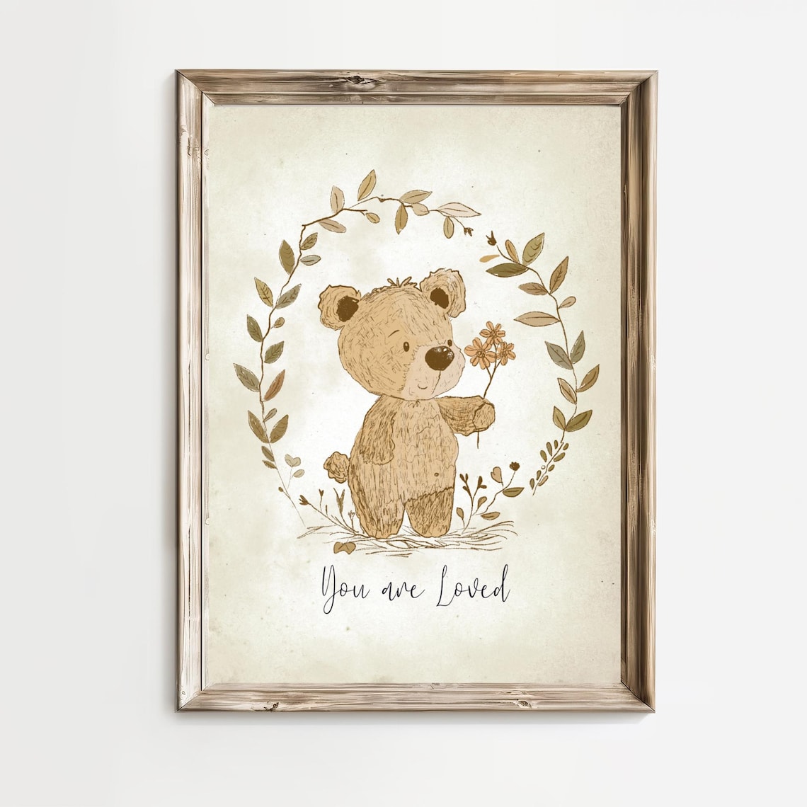 You Are Loved Text Teddy Bear In Leafy Wreath Nursery Quote Poster