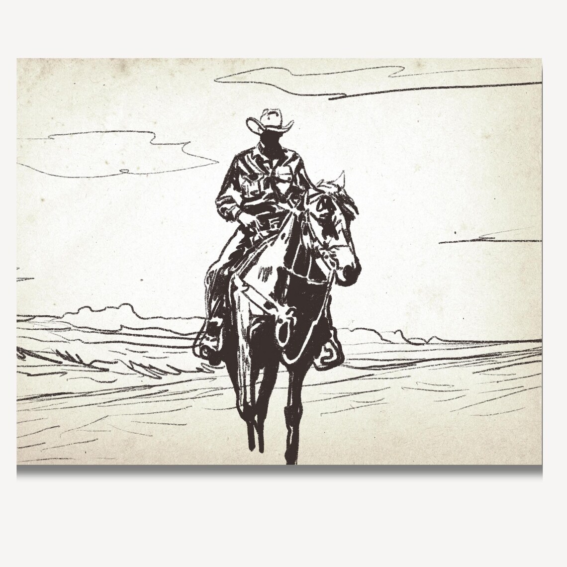 Cowboy Riding a Horse Across the Desert in Vintage Sketch Poster - Image 2