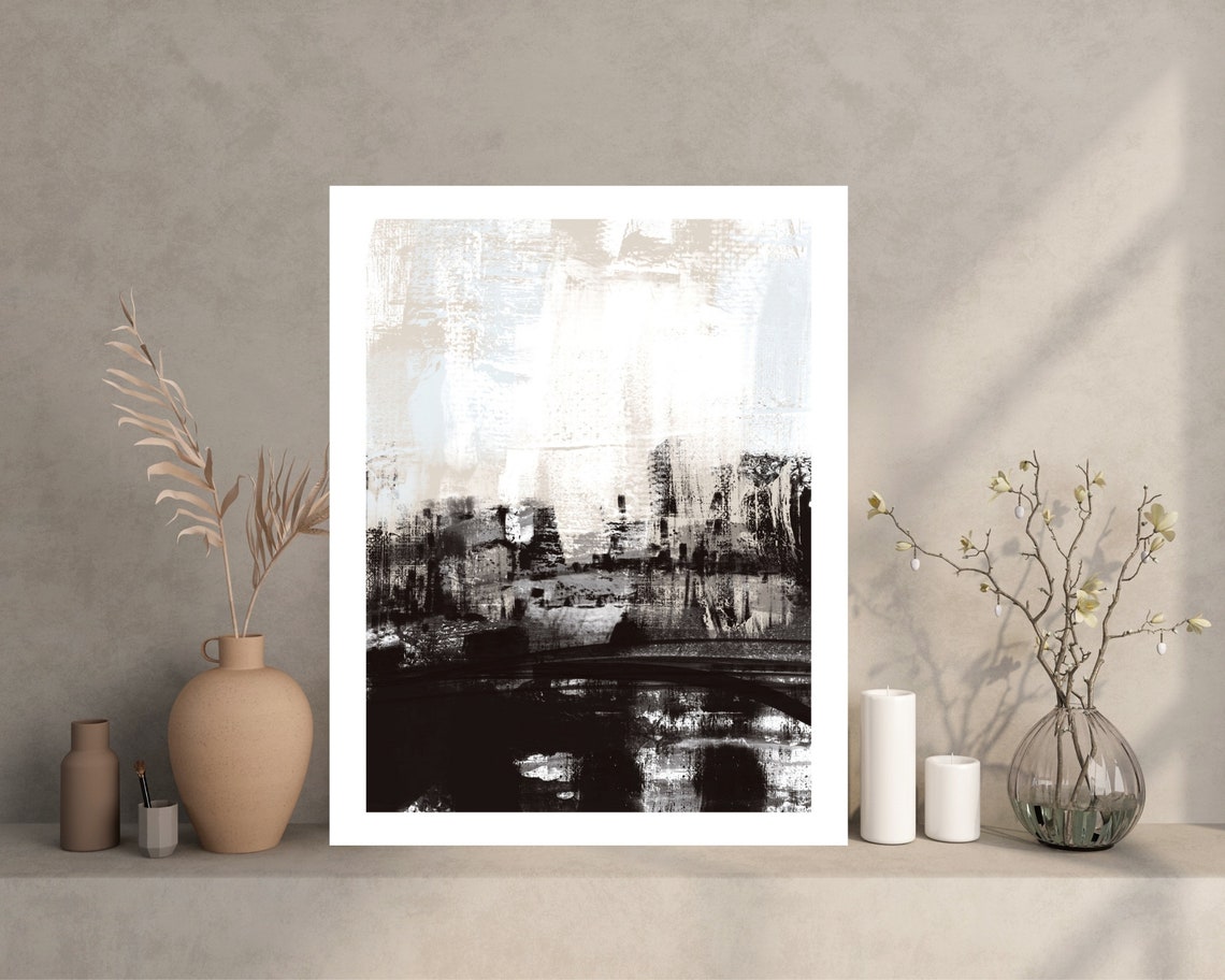 Dramatic Black and White Abstract City Skyline Modern Art Poster - Image 2