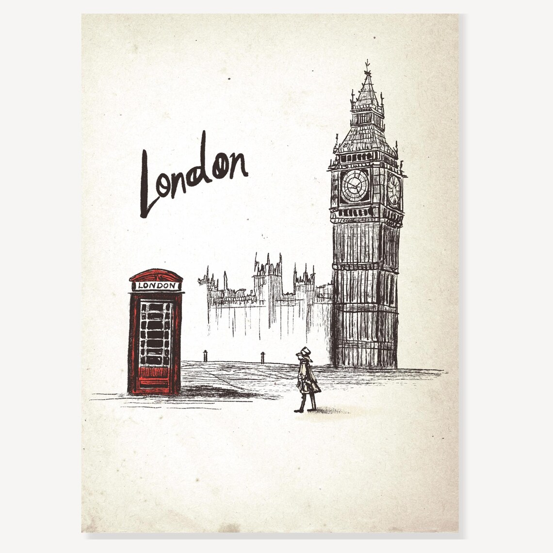 London Big Ben Red Phone Box Ink Sketch England Travel Poster - Image 2