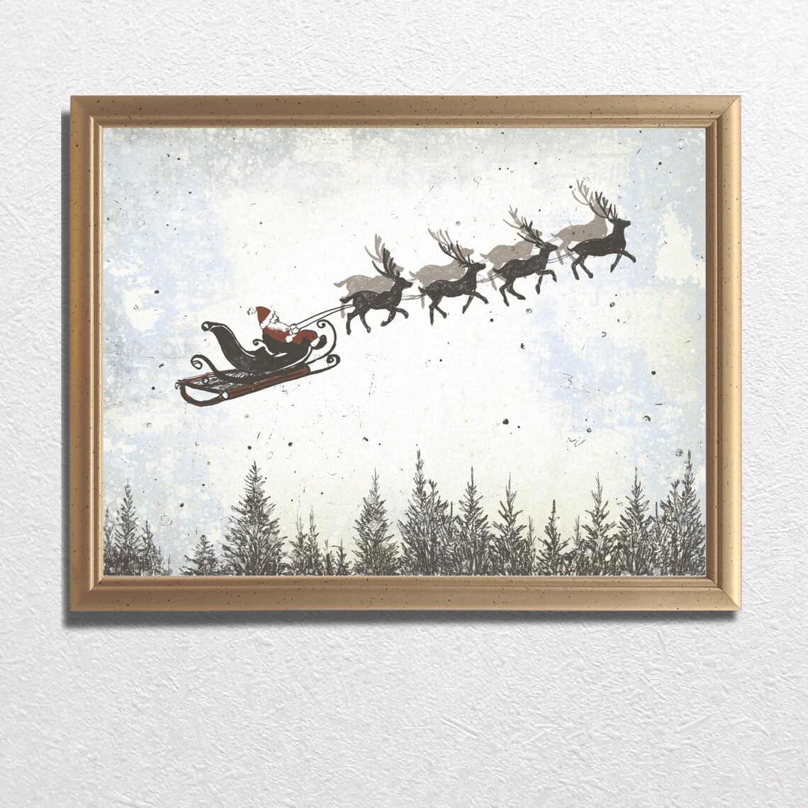 Santa Sleigh With Reindeer Vintage Christmas Eve Flight Poster - Image 3