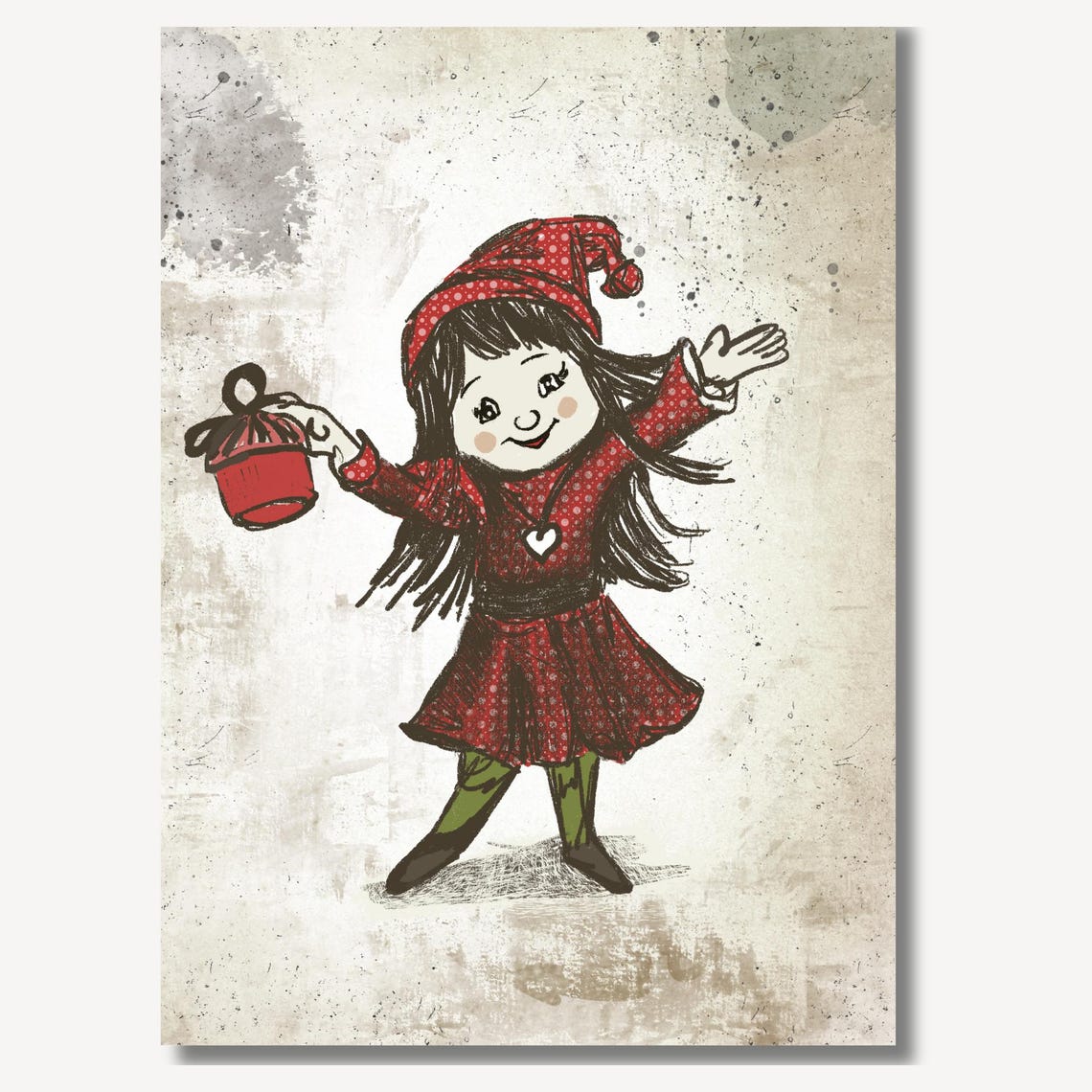 Dancing Christmas Elf Girl With Bell Red Polka Dot Dress Poster - Image 2