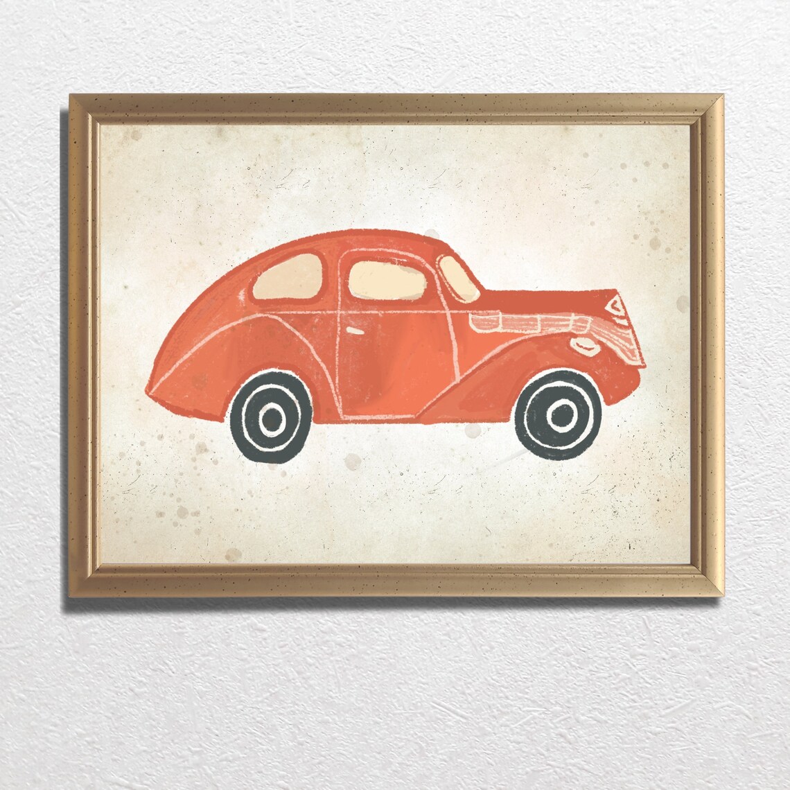 Bold Vintage Red Classic Car Painted Nursery Illustration Poster - Image 3