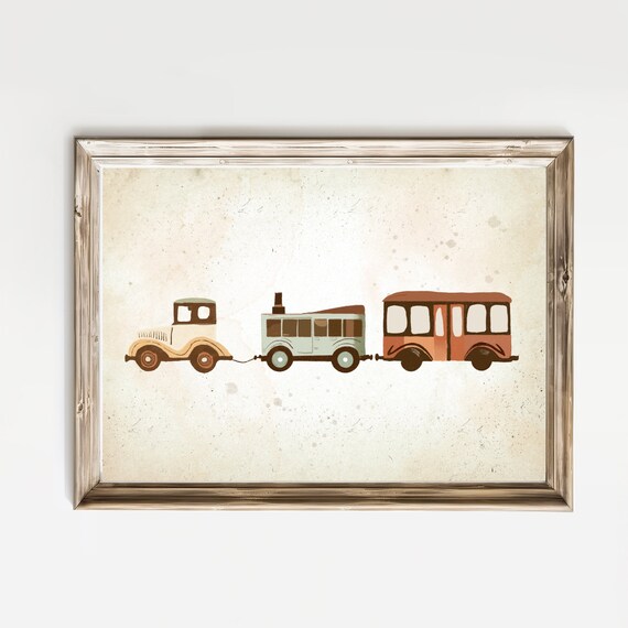 Classic Vintage Toy Train Vehicle Set Muted Nursery Sketch Poster