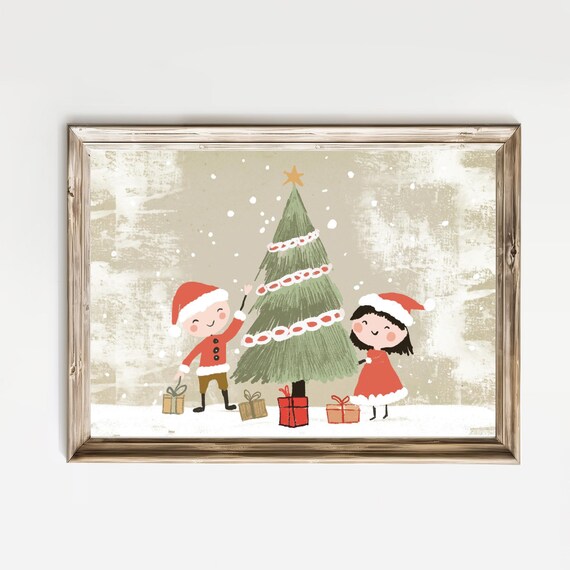 Kids Decorating Christmas Tree Santa Costumes Gifts Holiday Poster