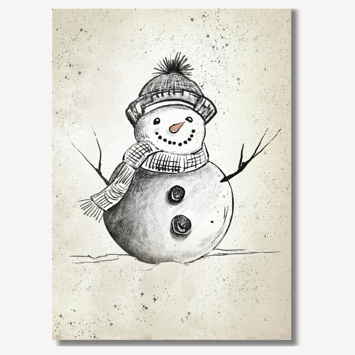 Snowman in Knit Pom Hat and Cozy Plaid Scarf Vintage Art Poster - Image 2
