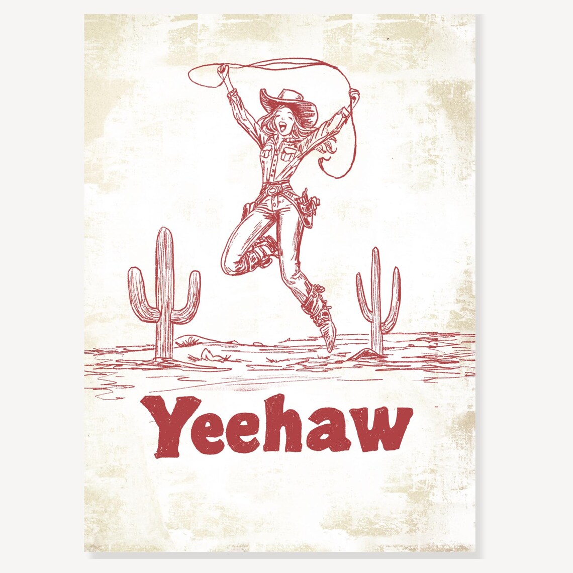 Yeehaw Cowgirl Lasso Desert Cacti Rust Western Line Art Poster - Image 2