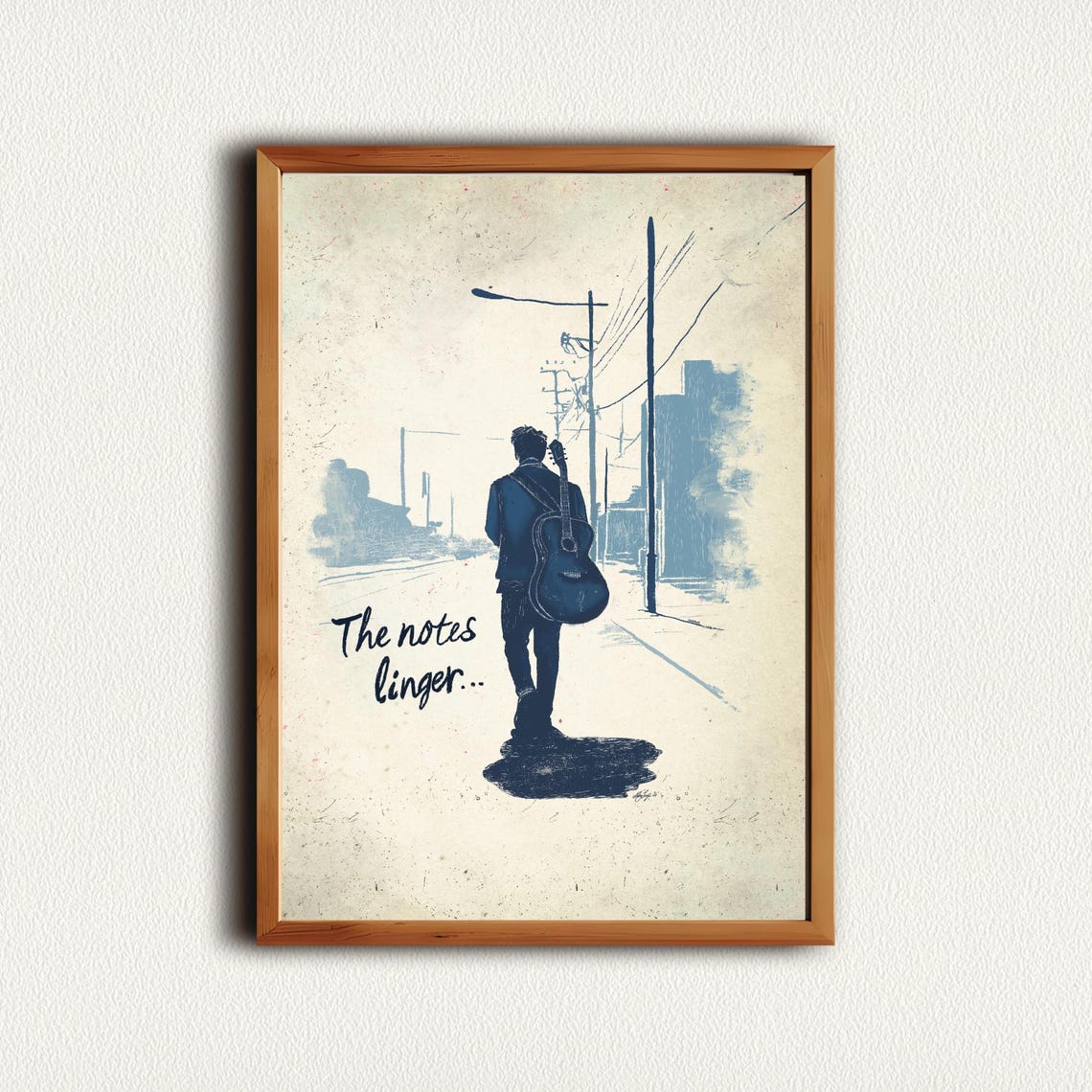 The Notes Linger Guitar Player Blue City Street Sketch Wall Art - Image 4