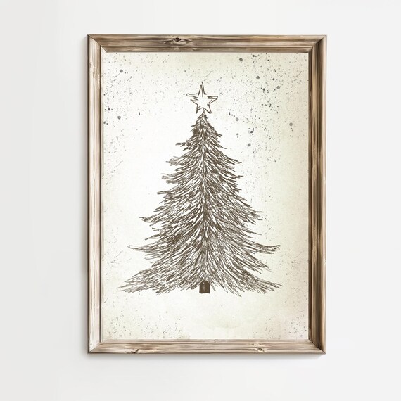 Hand Drawn Christmas Tree Star Topper Neutral Holiday Wall Art