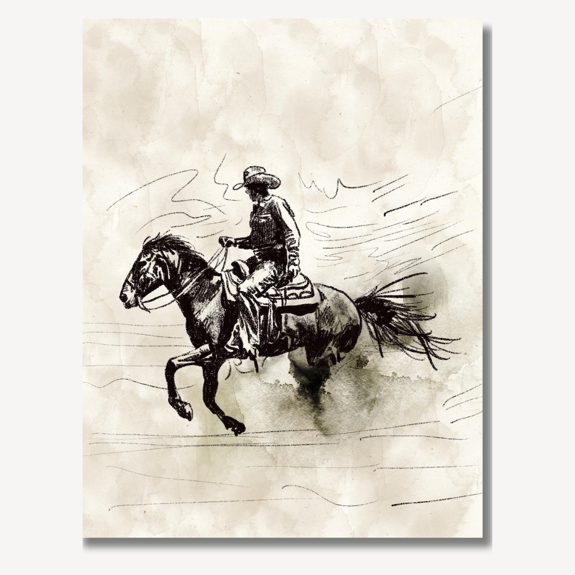 Galloping Cowboy On Horseback Ink Sketch Western Adventure Poster - Image 2
