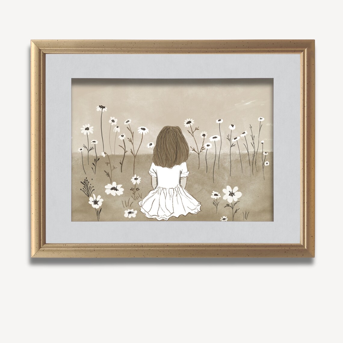 Little Girl in White Dress Wildflower Field Nursery Sketch Poster - Image 2