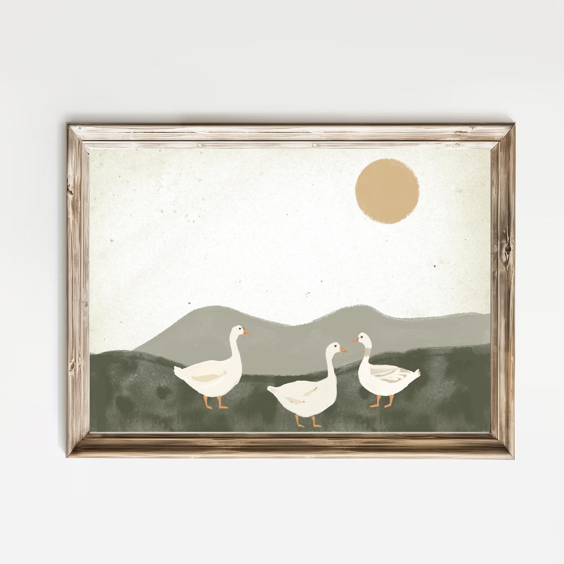 Three White Geese Walking Under Warm Sun Minimalist Wall Art - Image 2