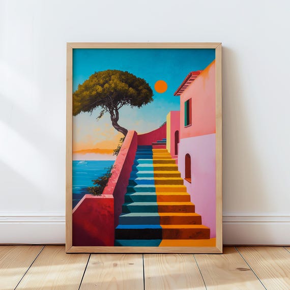 Mediterranean Stairs Wall Art Colorful Coastal Architecture Poster Travelinspired Home Decor